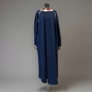 Vtg‎ Christmas Plaid Trim Sweatshirt Fleece Full Leng Nightgown Navy Sz M Pocket